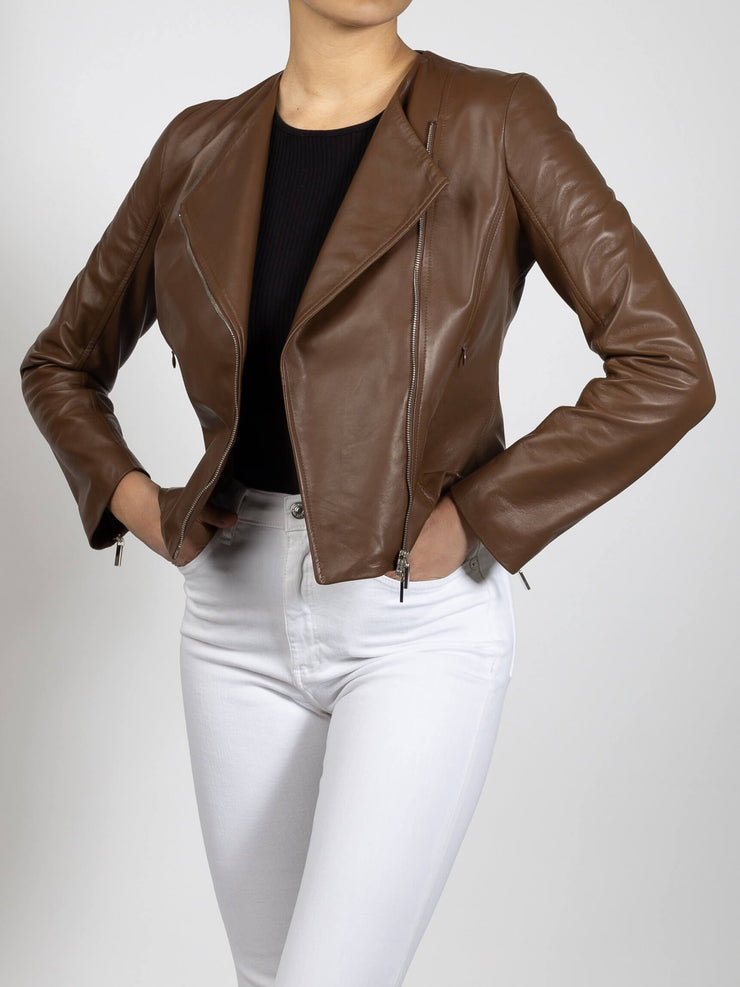 cross front leather jacket for women