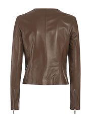 collarless cross front leather jacket