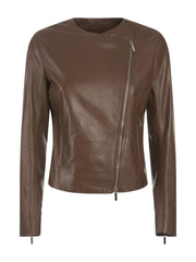 collarless cross front leather jacket