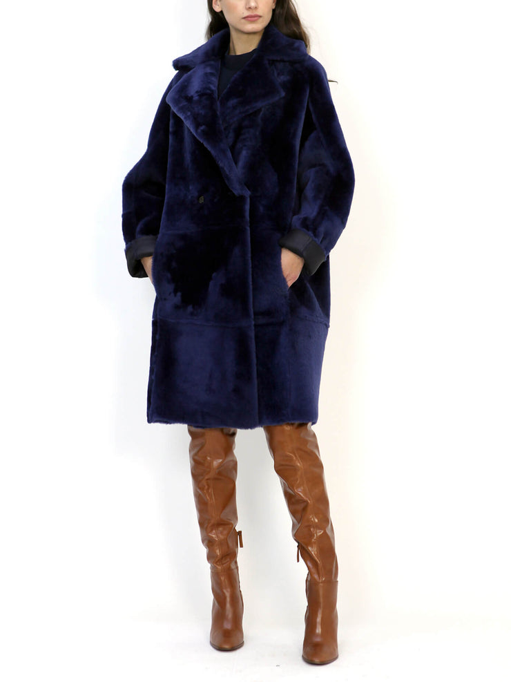 blue italian oversized genuine shearling coat women