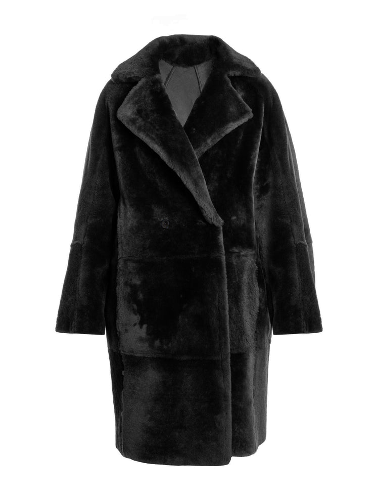 black italian oversized genuine shearling coat for women
