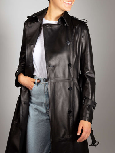 long black italian real leather trench coat for women
