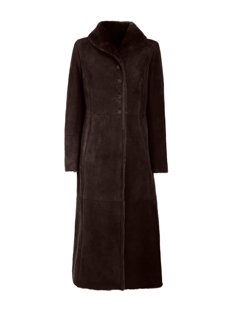 brown italian long real shearling coat for women