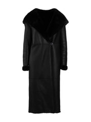 black Reversible Long Italian Shearling Sheepskin hooded Coat for women