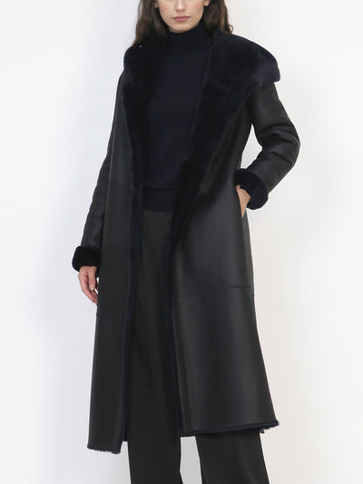 Reversible Long Italian Shearling Sheepskin hooded Coat for women