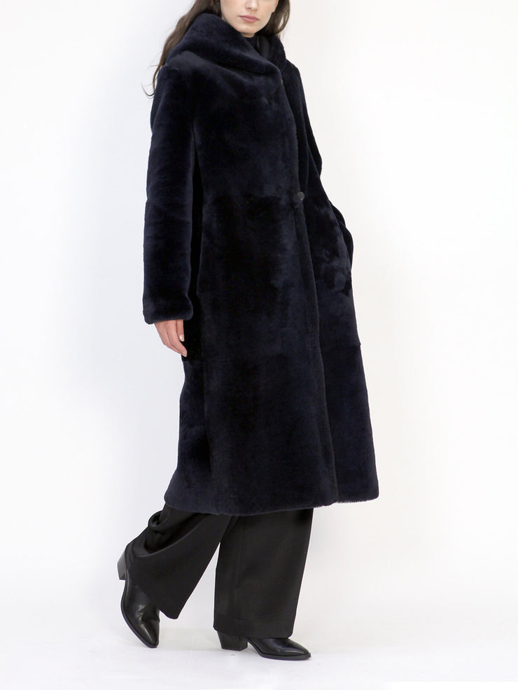 Reversible Long Italian Shearling Sheepskin hooded Coat for women