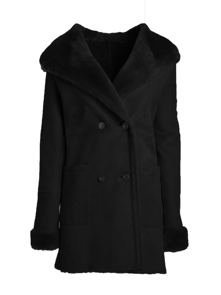 black italian real shearling hooded coat for women