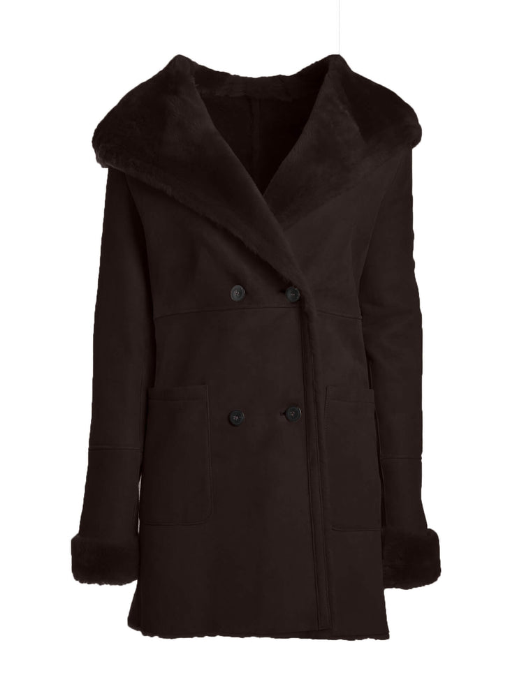 brown italian real shearling hooded coat for women