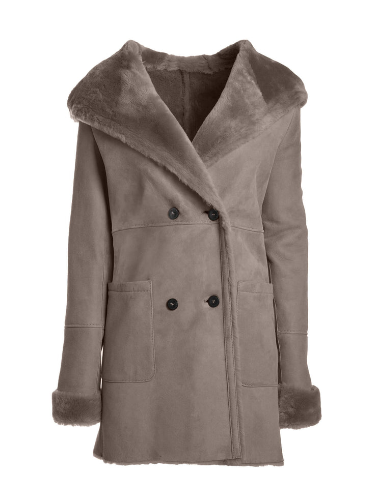 dark grey italian real shearling hooded coat for women