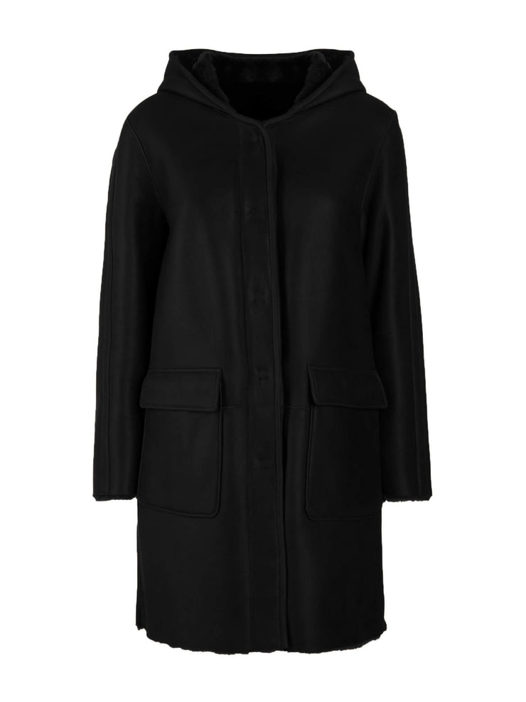 black italian reversible hooded shearling parka jacket
