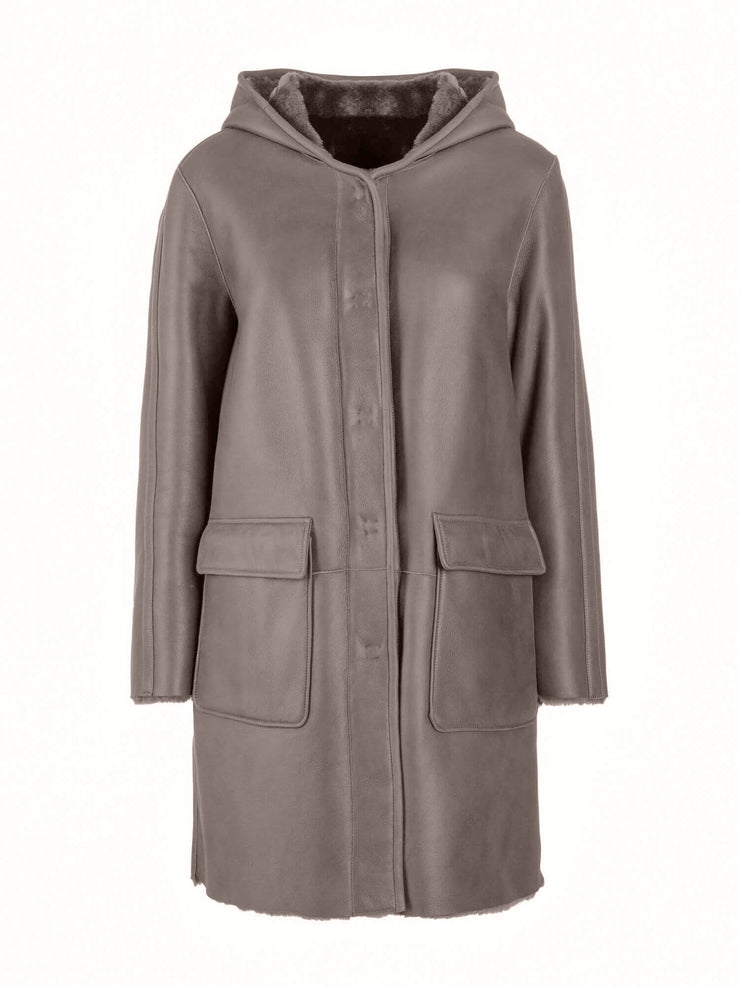 dark grey italian reversible hooded shearling parka jacket for women