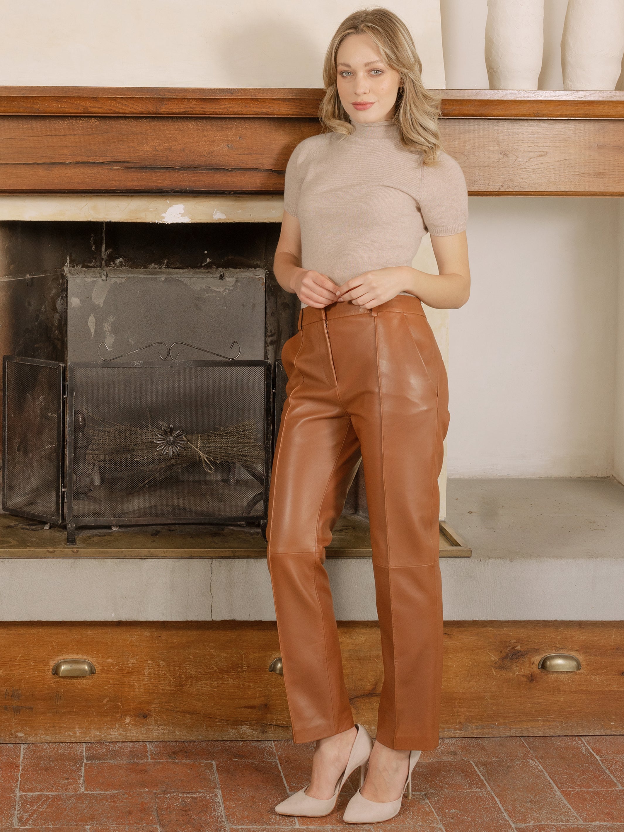 Womens Straight Leg Genuine Brown Leather Pants - Classic Elegance