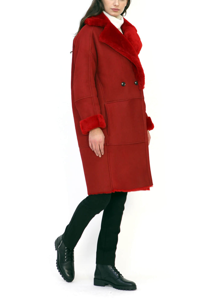 red italian real suede shearling coat for women