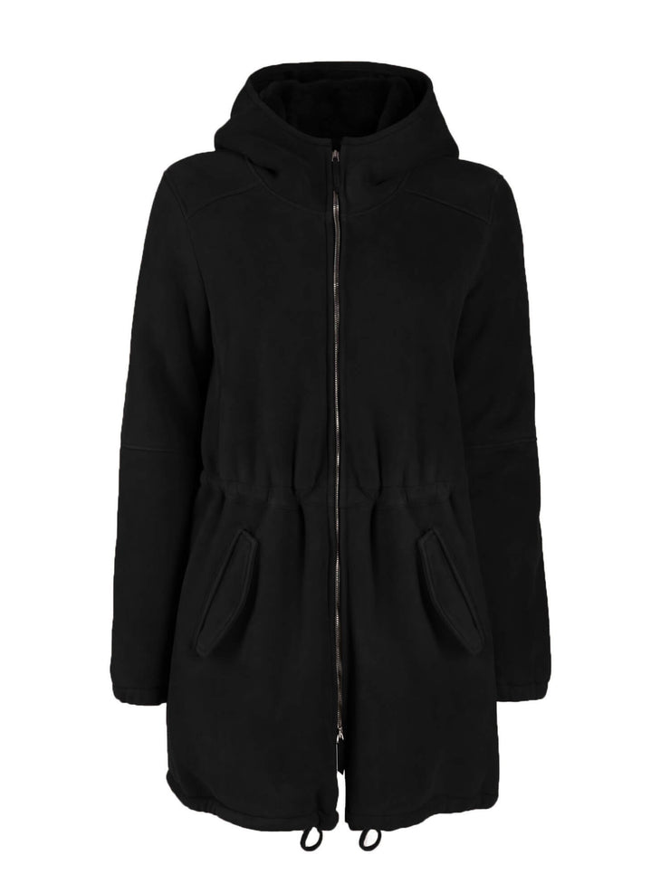 black italian suede shearling parka jacket for women with hood
