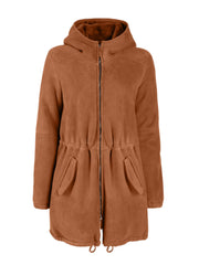pecan italian suede shearling parka jacket for women with hood