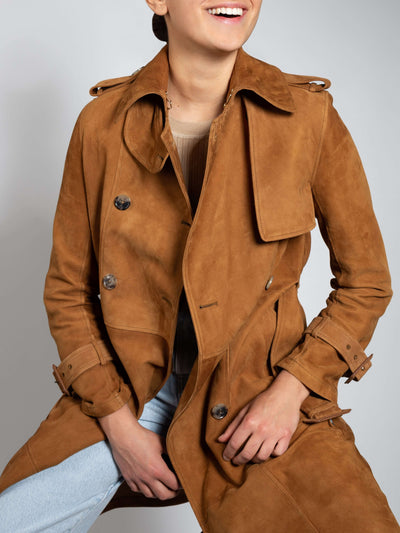 tan suede leather trench coat